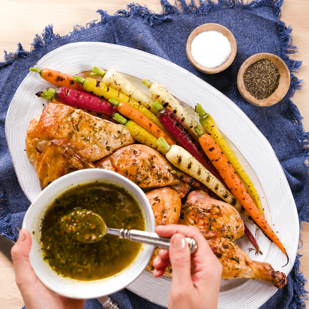 Grilled Rainbow Carrots with Cilantro Parsley Chimichurri Sauce