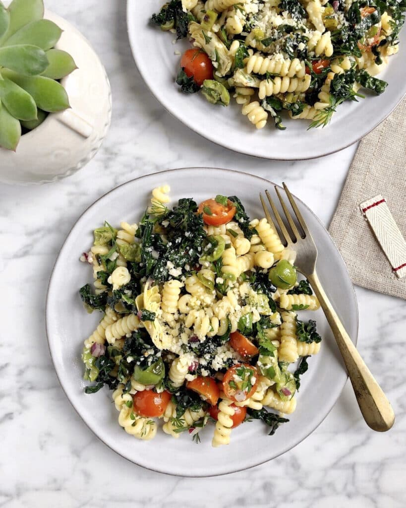 Kale Pasta Salad with Grilled Green Onion Vinaigrette